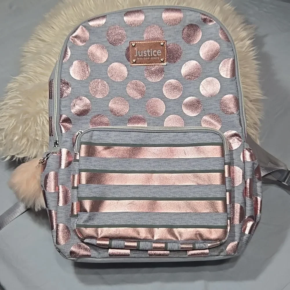 Justice backpack metallic pink and gray